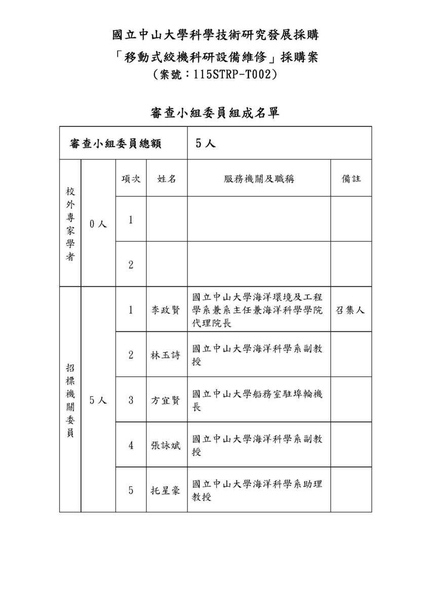 科研採購審查會議及委員名單【移動式絞機科研設備維修 (案號：115STRP-T002)】圖片