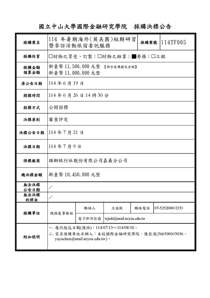 決標公告【114年暑期海外(英美團)短期研習暨參訪活動旅宿委託服務】(案號：114TF005)圖片