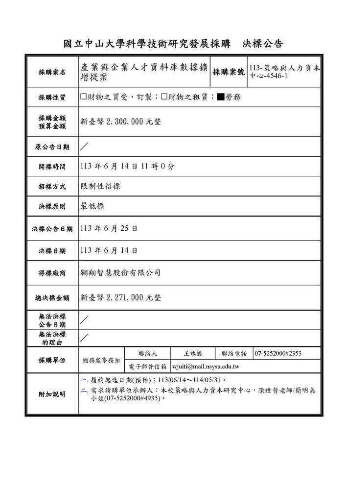 【科研採購決標公告】本校策略與人力資本研究中心「產業與企業人才資料庫數據擴增提案」(科研採購案號：113-策略與人力資本中心-4546-1)圖片