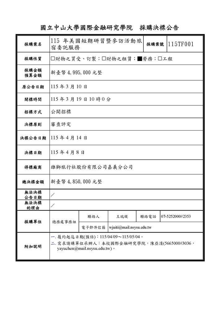 決標公告【115年美國短期研習暨參訪活動旅宿委託服務】(案號：115TF001)圖片